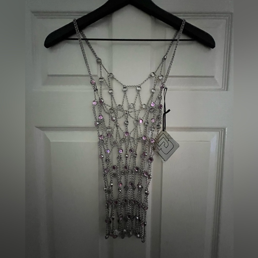 Paco Rabanne $1900 NWT Brass Mesh Chain Top with Crystal Embellishments